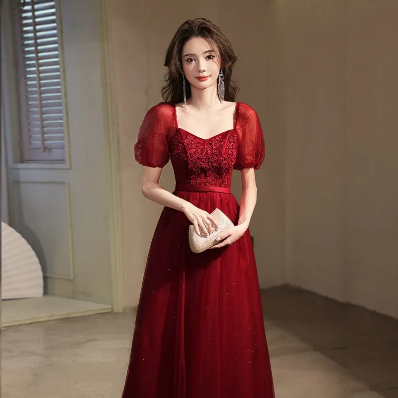 2026 novo vestido de noite de manga curta bordado feminino moda emagrecimento vinho vermelho casamento noiva brindando vestido longo rede