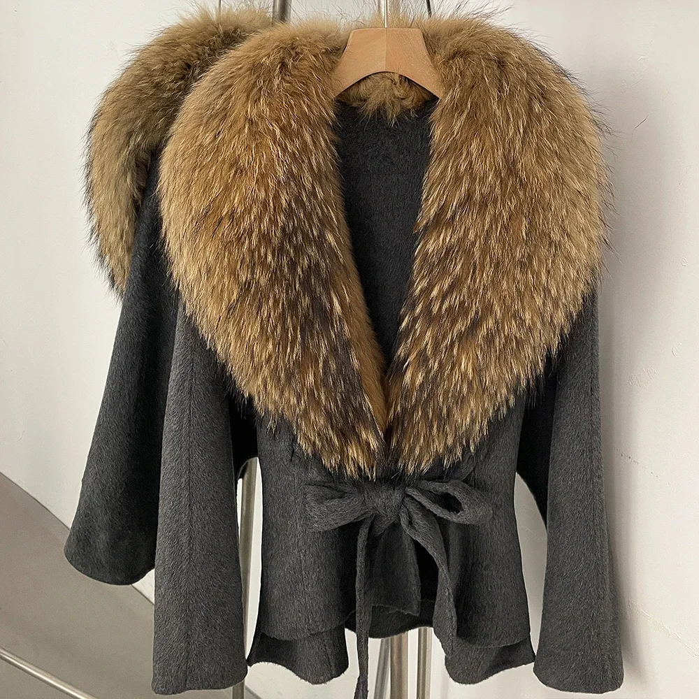 OFTBUY Neue Winterkleidung für Damen, Luxuriöser Kurzer 100% Wollmantel mit Natürlichem Pelzkragen, Warmem Gürtel und Echtem Fuchspelz, Wolljacke für Damen – Detail 26