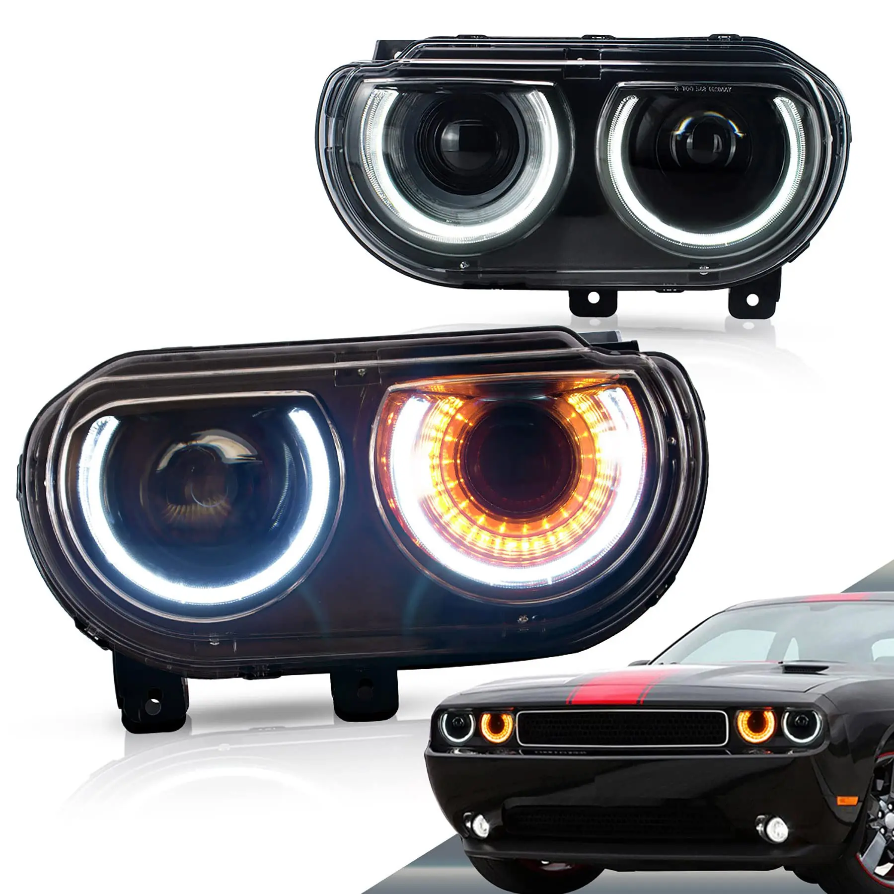 ee-For Dodge Challenger 2008-2014 Projector Headlights Assembly Fit for Sequential Indicator Halo Ring D2S D2H Compatible