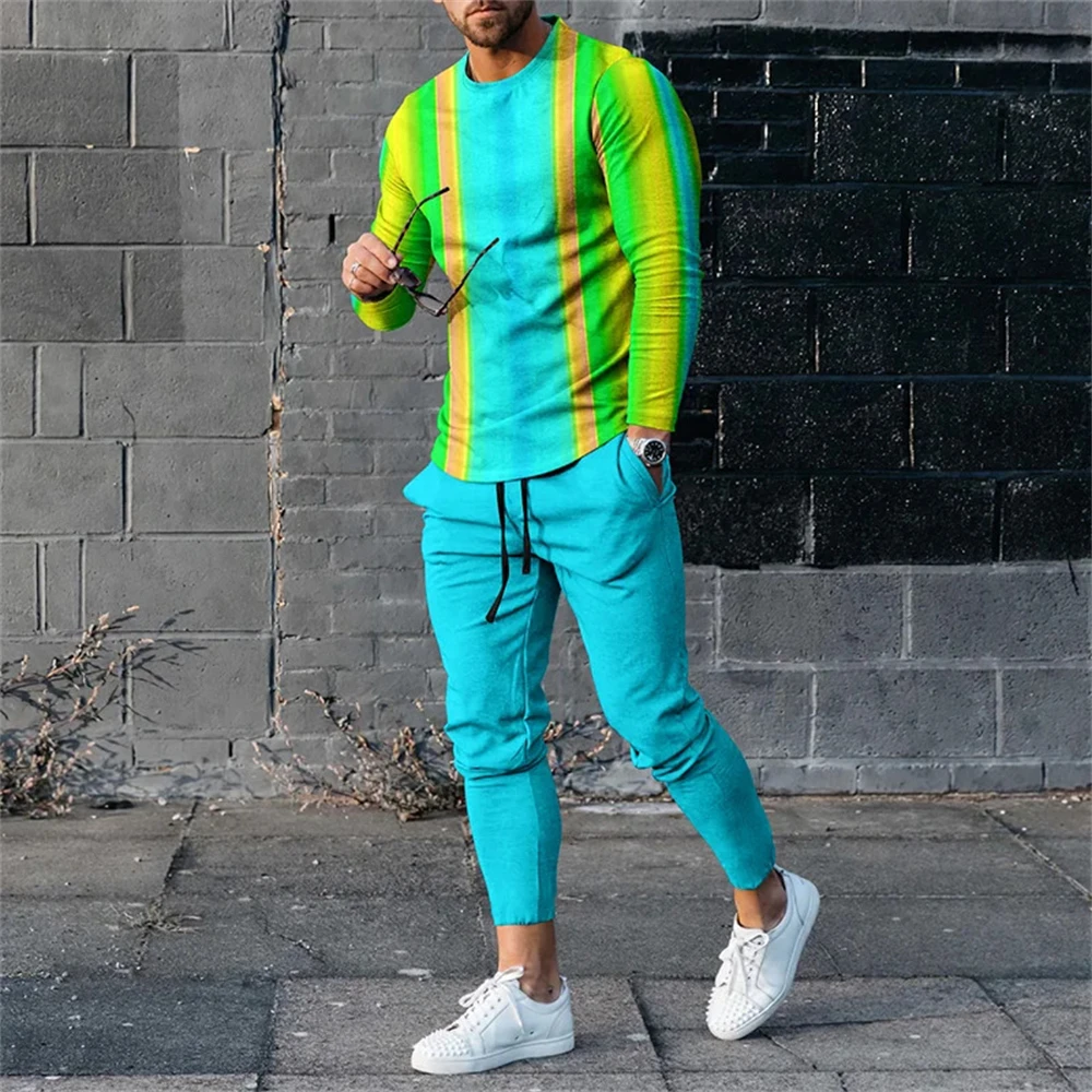 Men Jogging Suit Long Sleeve Set 3D Printed Patchwork T-Shirt Trousers 2 Piece Set Streetwear Casual Tracksuit Man Oversize Tops