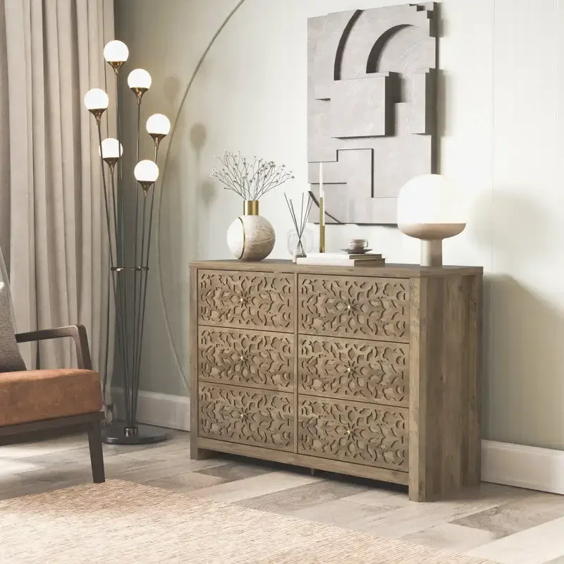 

Contemporary traditional 6-drawer dresser chest carved wooden cabinet with floral hollow front