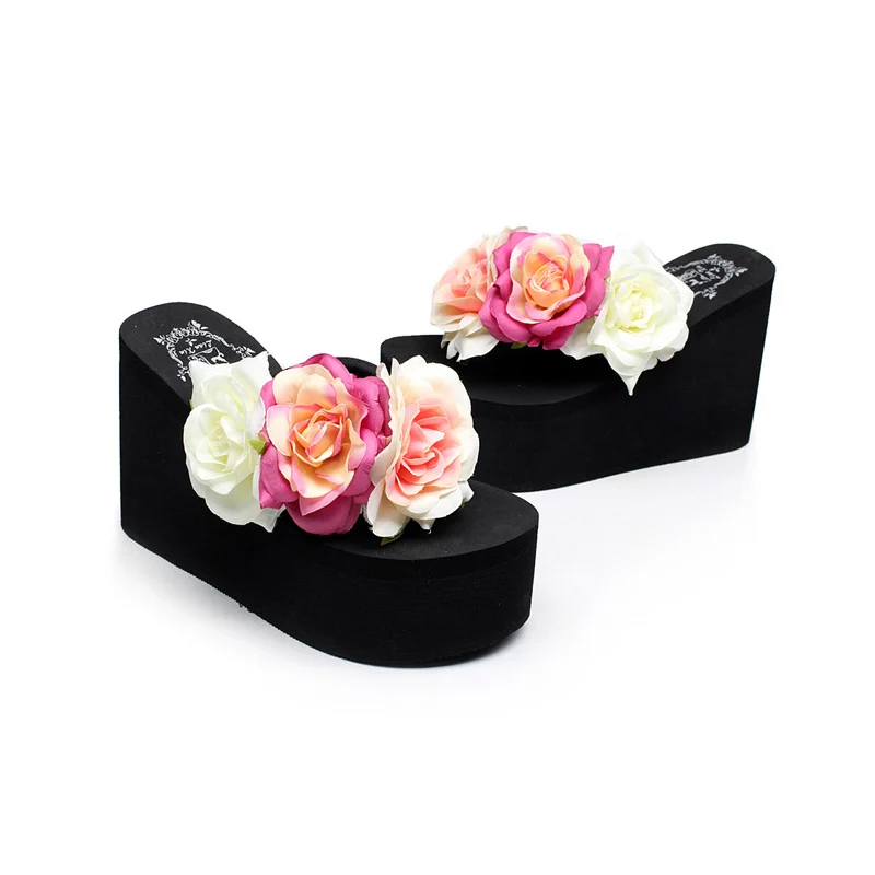 11cm Flip Flop Wedges Heels Summer Sandals Slippers Woman Shoes Women Girls Beach Shoe Light Bottom Platform Handmade Flowers