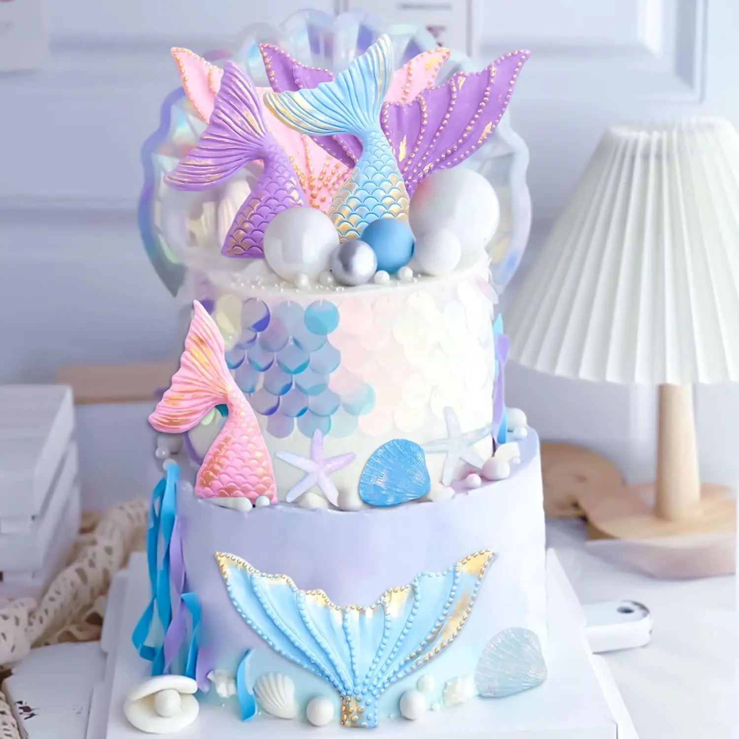 Meerjungfrauenschwanz-Kuchenaufsätze unter dem Meer, Kuchendekoration, Muschel, Seestern, Kuchenaufsatz für Geburtstag, Babyparty, Hochzeitstorte, Deko – Detail 1