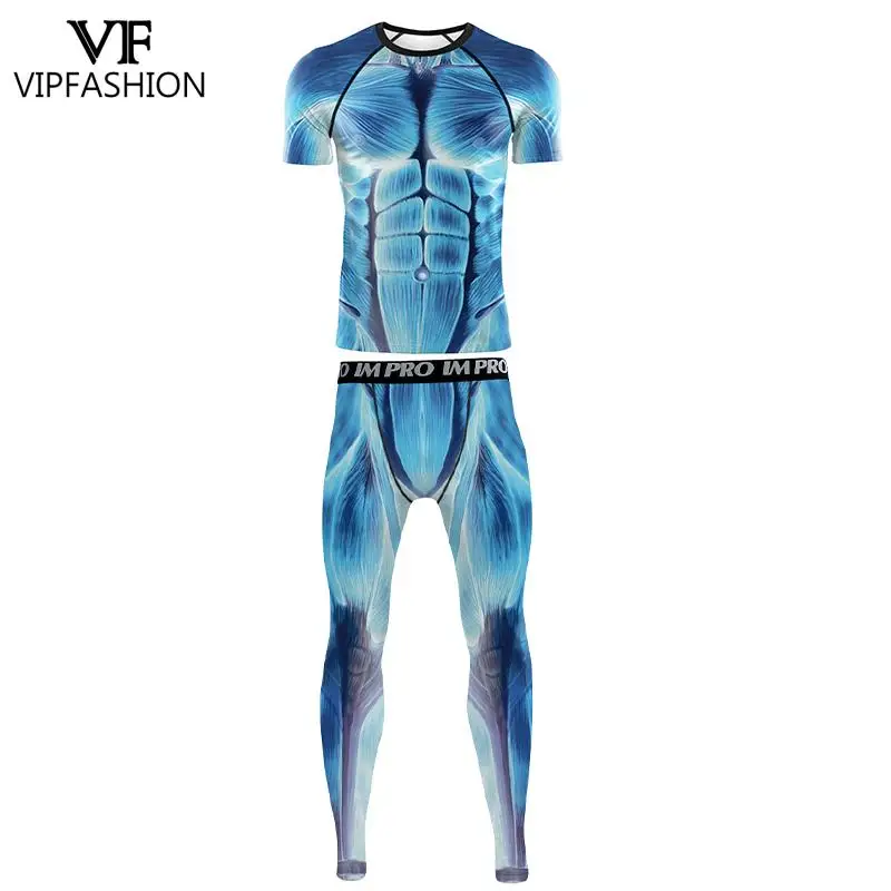 VIP FASHION Muscle T-Shirt Leggings Men Funny Party Cosplay Costume Sport Gym Bodybuilding Set Male Fitness Workout Clothes