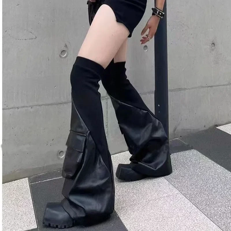 2024 New Dark Vintage Women Techwear PU Leather Flared Leg Warmer Y2k Girl Elastic Big Pocket Foot Cover Boot Cuffs Calf Gaiters