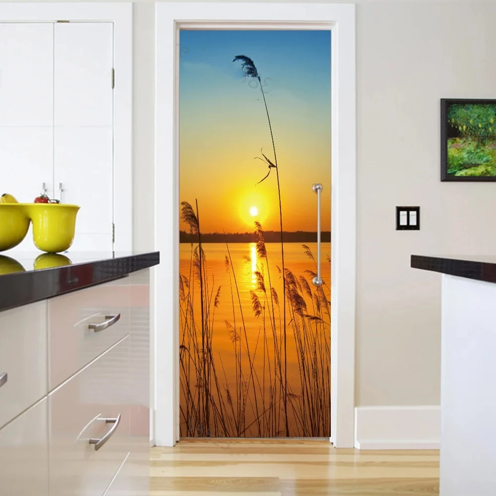 Dusk Flowing Water Door Sticker 3D Sunflower Beach Natural Scenery Wallpaper Vinyl Waterproof Self-adhesive Decorative Poster