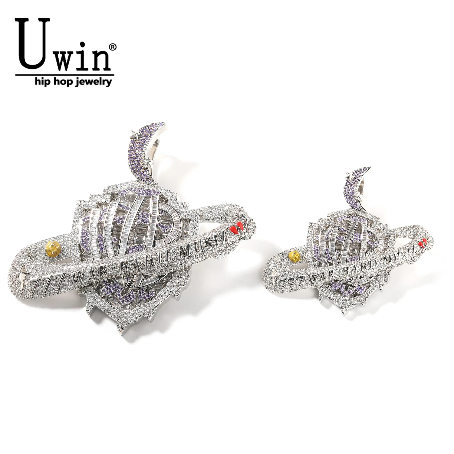 Uwin Iced Out 2 Sizes Planet Moon Letter Pendant Full CZ Zircon Hip Hop Pendant Necklace HipHop Rapper Jewelry For Men