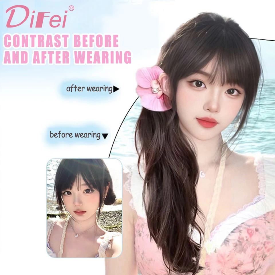 DIFEI Sweet Side Ponytail Synthetic Wig Female Phalaenopsis Side Tie Layer Long Curly Ponytail Lazy Sweet Low Tie Wig Braid Wig