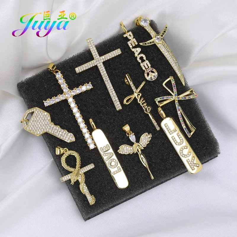 Juya DIY 18K Gold Plated Religious Pendants Supplies Luxury Saint Crosses Charms For Handmade Christian Prayer Jewelry Making