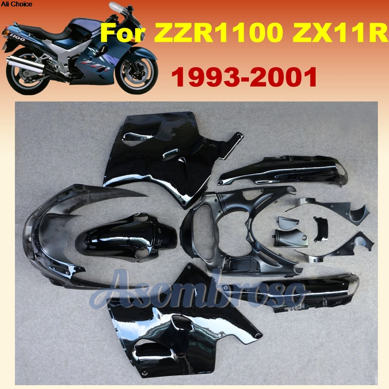 Painted Fairing Kit fit for Kawasaki Ninja ZZR1100 93-01 ZZR 1100D ZX-11 1993 1999 2000 2001 Bright Black Bodykits