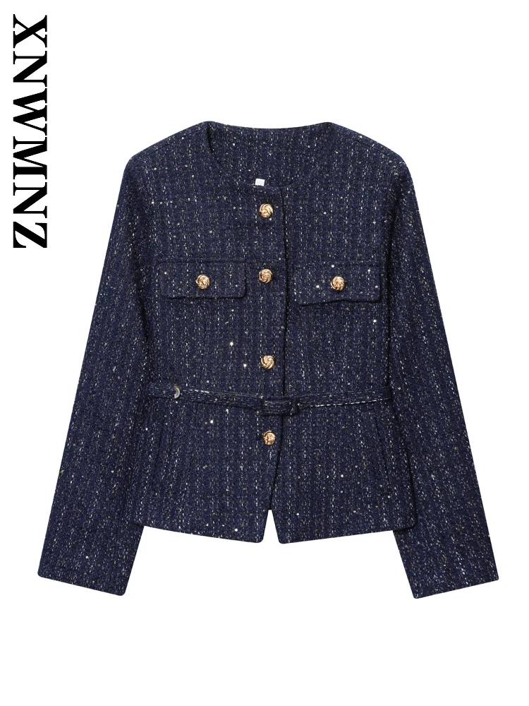 

XNWMNZ 2025 весеннее новое женское повседневное шикарное однобортное пальто с длинными рукавами, модный простой женский топ с круглым воротником и блестками