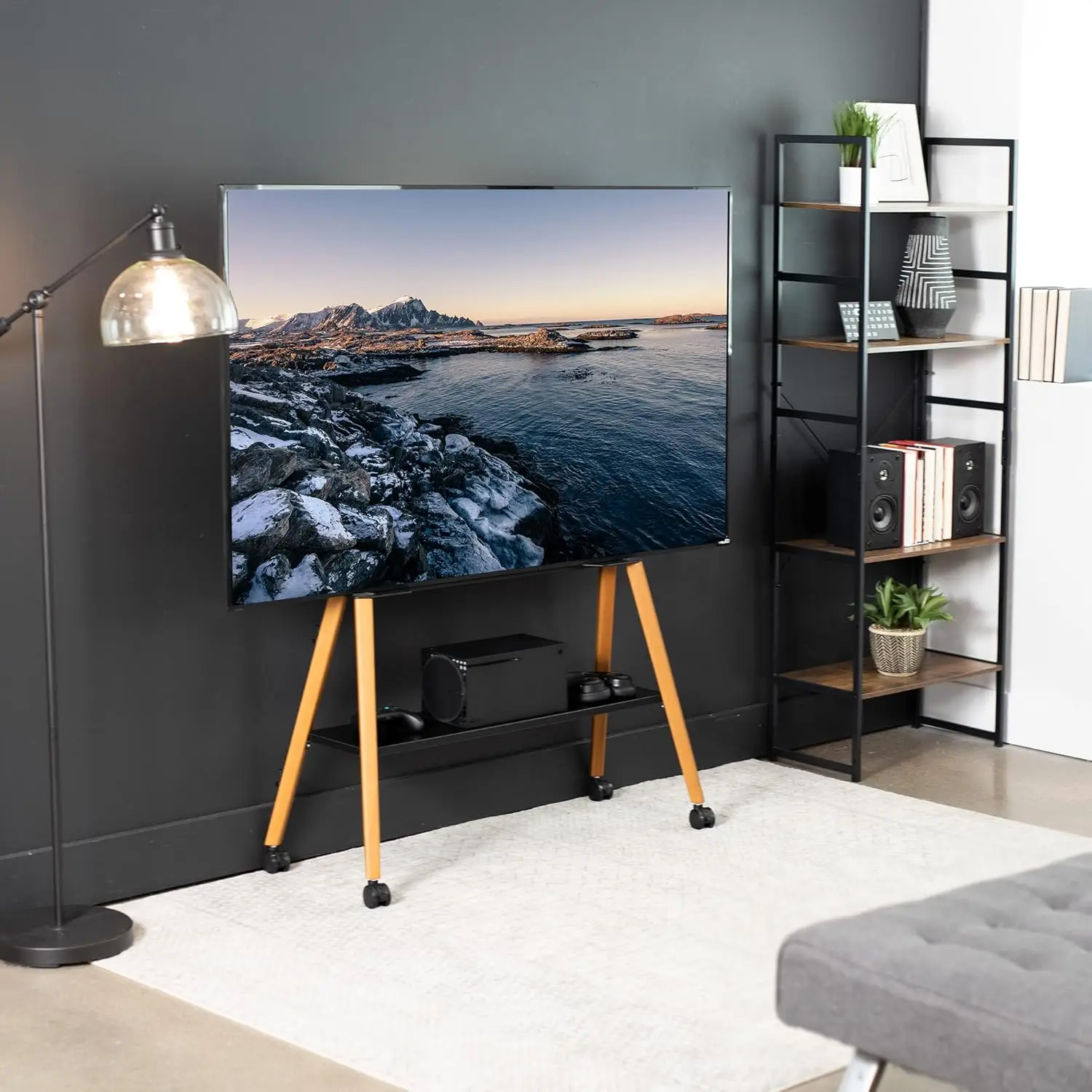 43-75인치 LED LCD TV 스탠드(목재 선반 포함), 조절 가능한 검정색 프레임 이젤 스탠드, 호두나무 다리 4개, STAND-TV75R