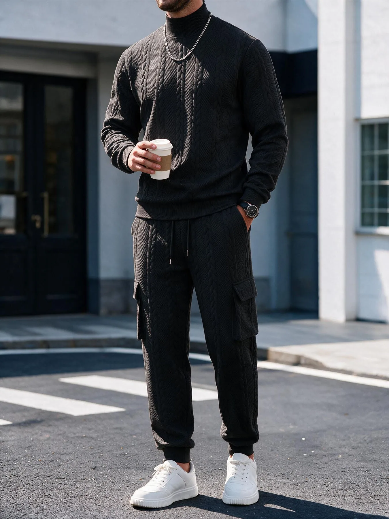 Men Solid Color Heavy Duty Simple Basic Casual Daily Loose 2 Pieces Sets Winter New Fashion Male Pullover Trousers Top Clothes - view 2