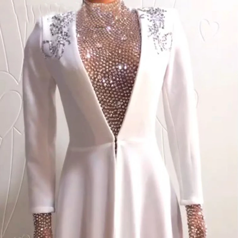 Błyszcząca sukienka z kryształkami białe suknie wieczorowe kobiety urodziny świętuj kostium suknia ślubna pokaz sceniczny strój festiwalowy XS5655