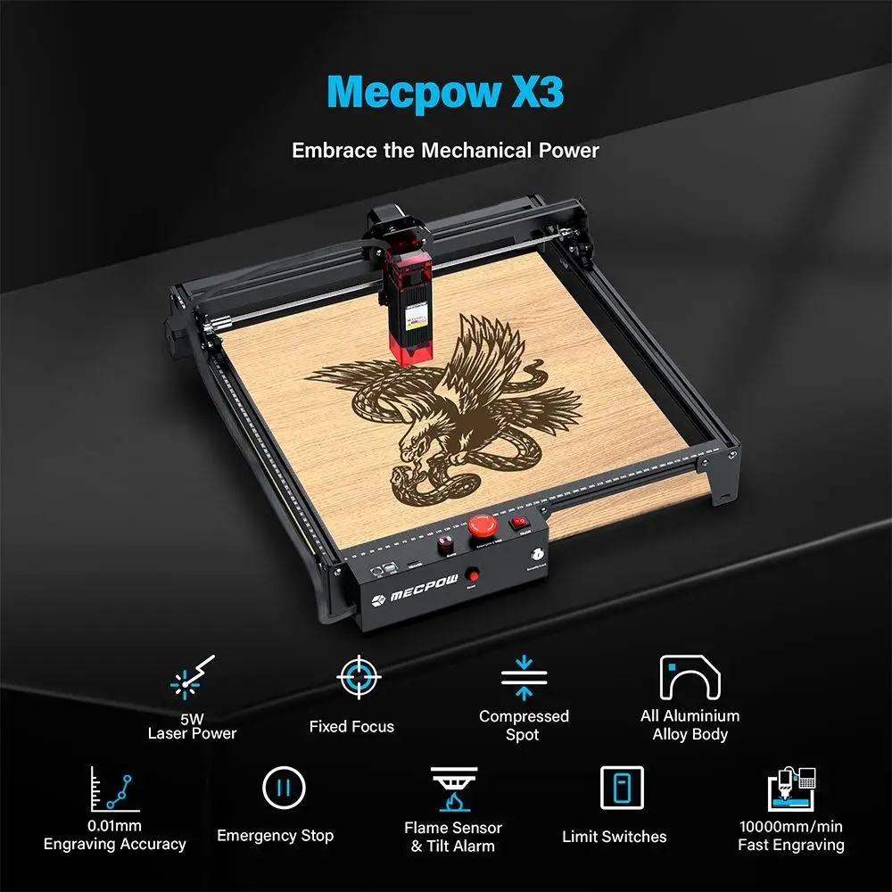 Mecpow X3 Laser Engraver, 5W Laser Power, Fixed-Focus, 0.01mm Accuracy, 10000 mm/min Engraving Speed, Safety Lock, 410x400mm