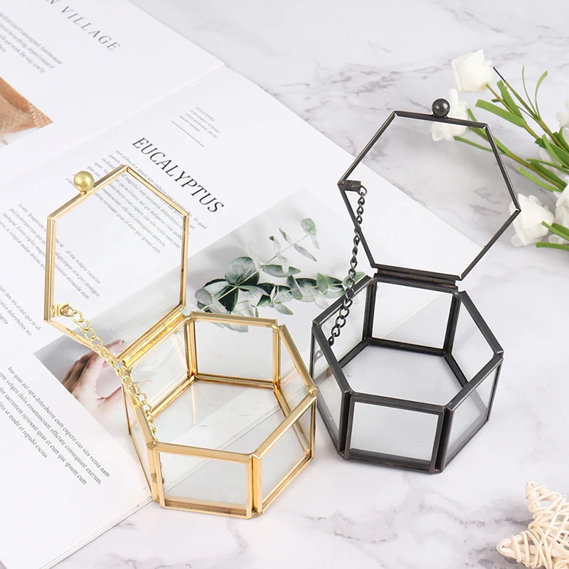 Creative Empty Geometrical Glass Jewelry Box Jewelry Organize Holder Ring Box Gold Black Color Jewelry Storage Wedding Gift 1Pc