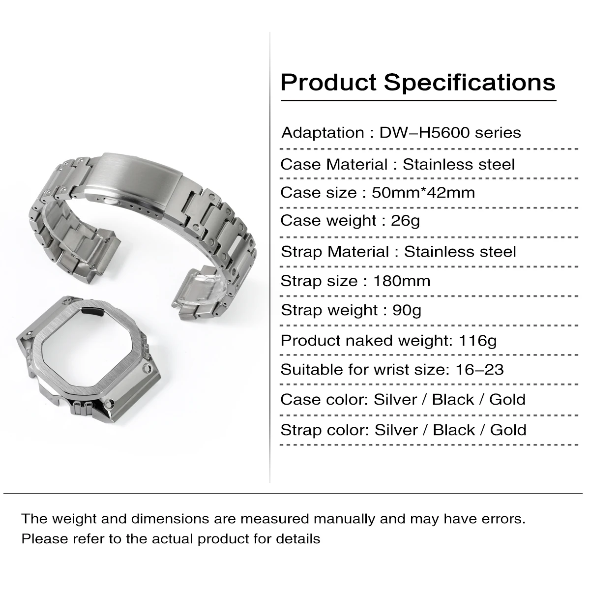 Stainless Steel Case Strap Watch Modification Accessories Compatible with DW-H5600 Model.