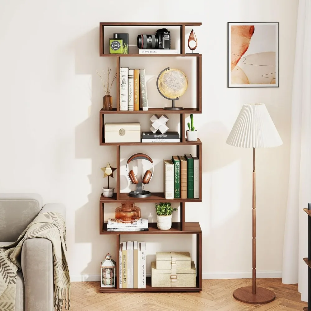 

Six-tier Geometric Bookshelf, S-shaped Bookcase with Two Anti-tipping Devices, Wooden Display Rack, Customizable
