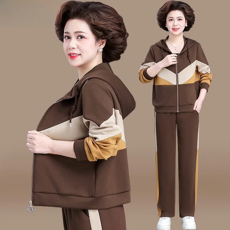 

Casual Sportswear Set Women's Spring Autumn New Mom's Outfit Hooded Top Bot Two-Piece Set Faionable Loose Fit Long Pants