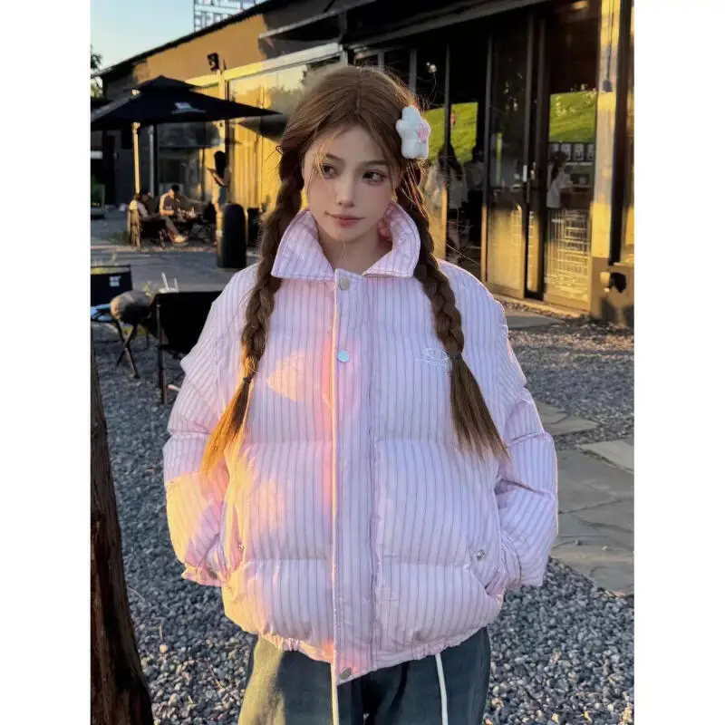 سترة نسائية شتوية مبطنة بالقطن بخطوط عمودية وردية النسخة الكورية للفتيات الطالبات سترة منتفخة دافئة معطف علوي #4