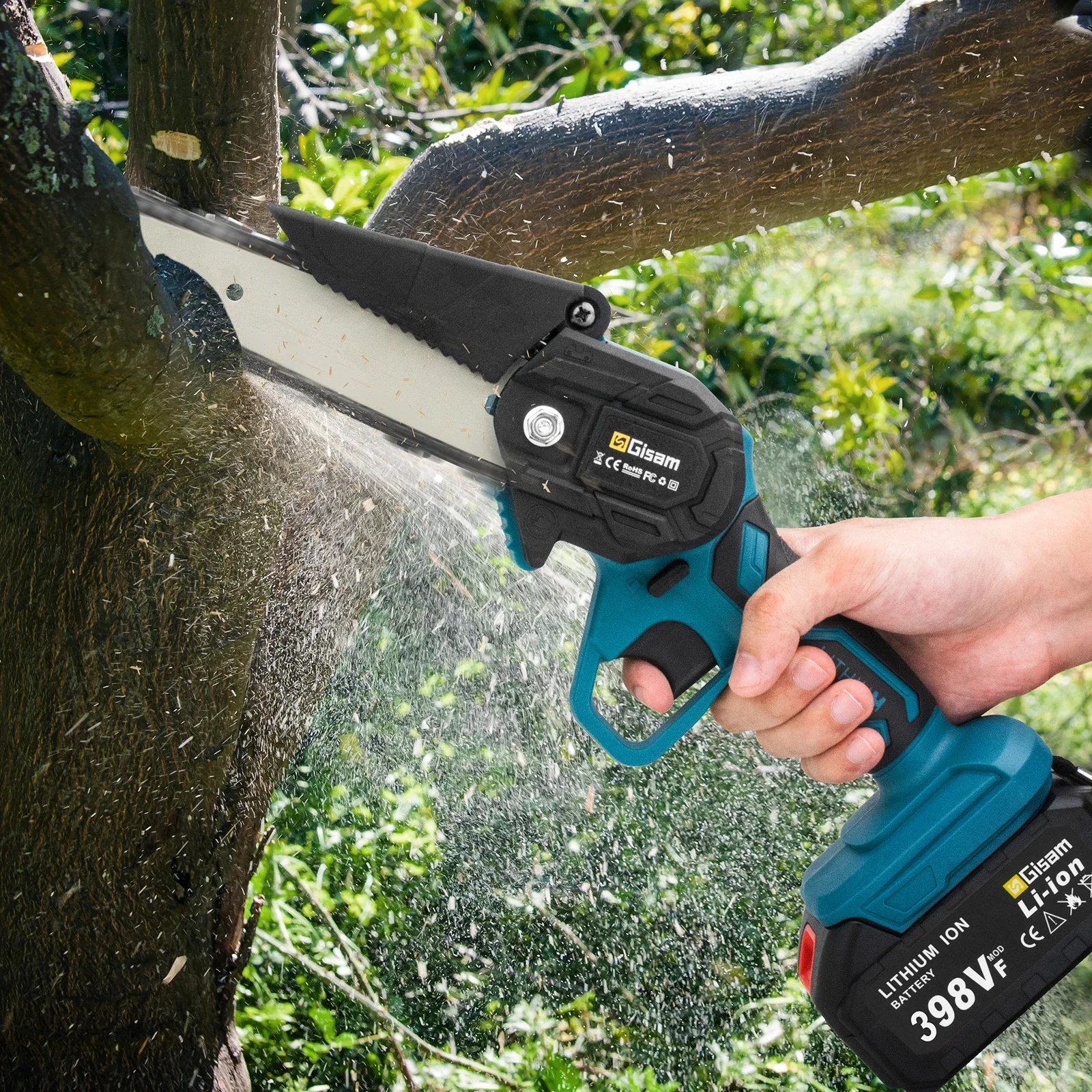 Gisam Battery Electric Chainsaw 6Inch Rechargeable Woodworking Saw Handheld Pruning Logging Saw Garden Tool for 18V 21V Battery