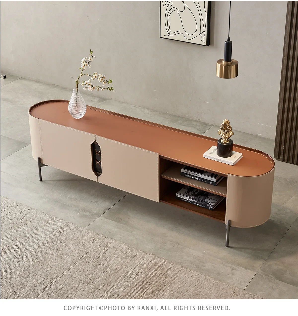 

Minimalist Saddle Leather TV Cabinet and Tea Table Combination Living Room Designer Modern round Corner Locker