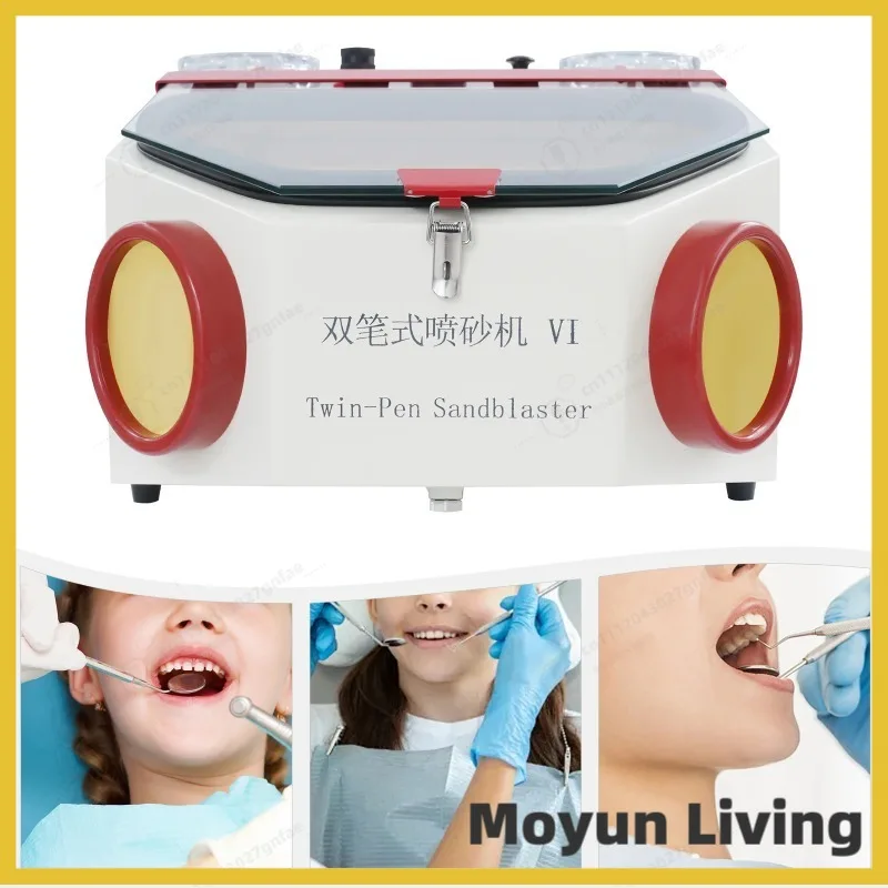 Dental Sandblaster 220V EU Dual Pen Sandblasting Equipment with Foot Pedal LED Light for Lab Metal Crown Porcelain Restoration