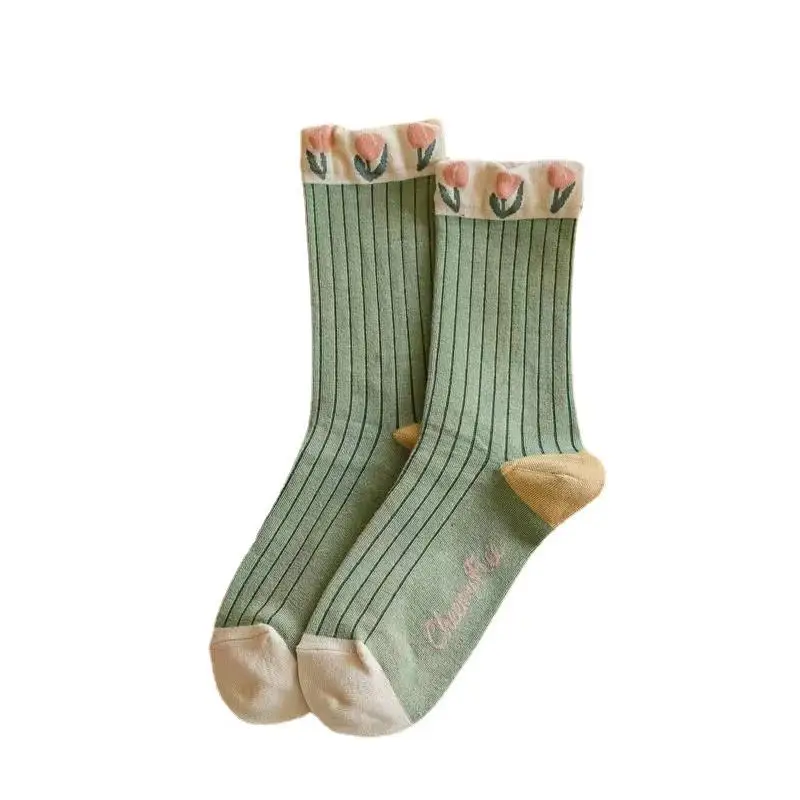 Chaussettes mi-tube pour femmes, chaussettes longues, fleur, Mori Tulip, dames, pys, printemps, automne, hiver, 2 paires