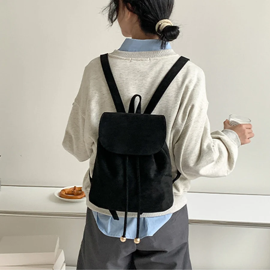 Korean vintage suede flap drawstring backpack ins new casual fashion student small bagpack soild female travel bags rucksack sac