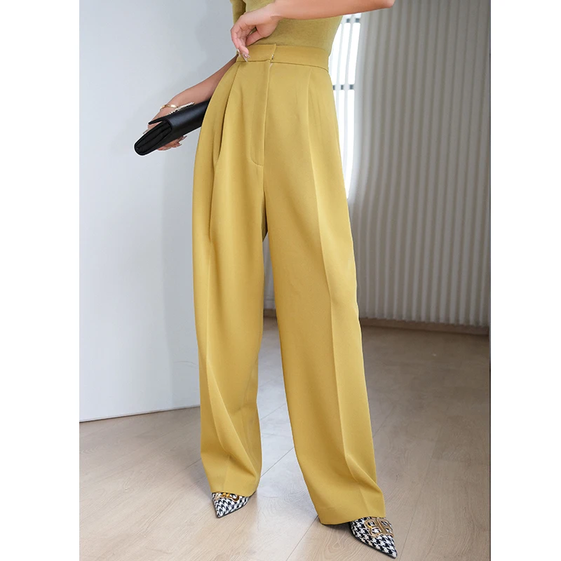 

KARFELY Slimming Long Wide Leg Pants Floor Length Trousers Hanger Drop Waist Design Acetate Fiber Casual Pants for Women
