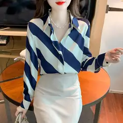 Korean Fashion Women Clothing Chiffon Striped Shirt Spring Summer Youth Chic Pretty Loose Elegant Office Lady Long Sleeve Blouse