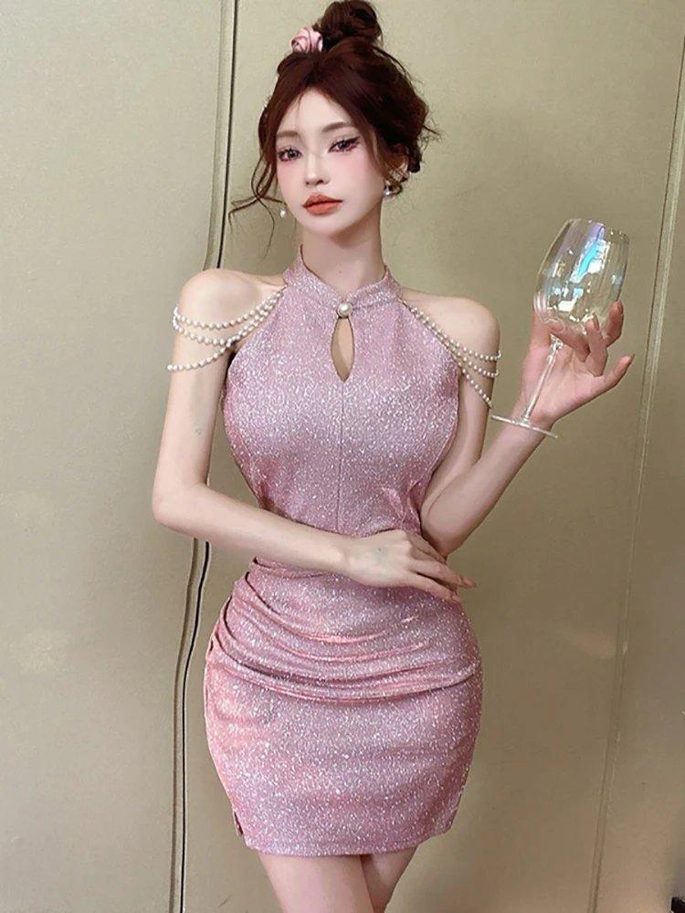 Women Purple Luxury Beading Neck-mounted Sexy Dress Spring Summer Elegant Dance Party Dress 2024 Korean Vintage Bodycon Vestidos