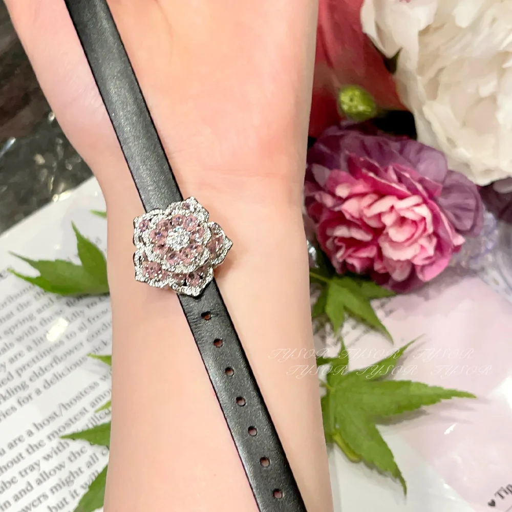 Romantic Bling Bling Pink Zircon Rose Bangles with Belt 925 Sterling Silver Bracelet Women Fashion Wedding Party Bridal Jewelry