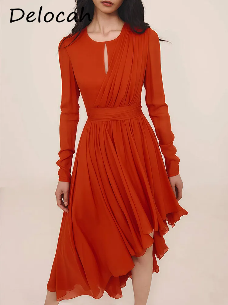 Dolocah Irregular Red Slim-fit Long Dress Design Emperament Asymmetrical Warm Generous Early Autumn Long Dress