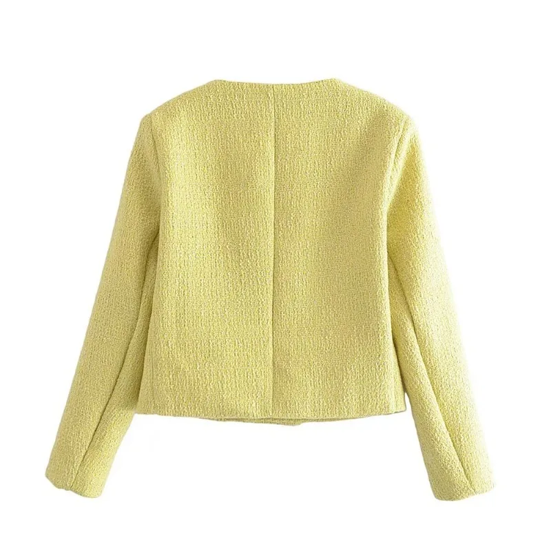 

new style temperament Women's coarse tweed loose top round neck long sleeved double breasted button pocket autumn and winter