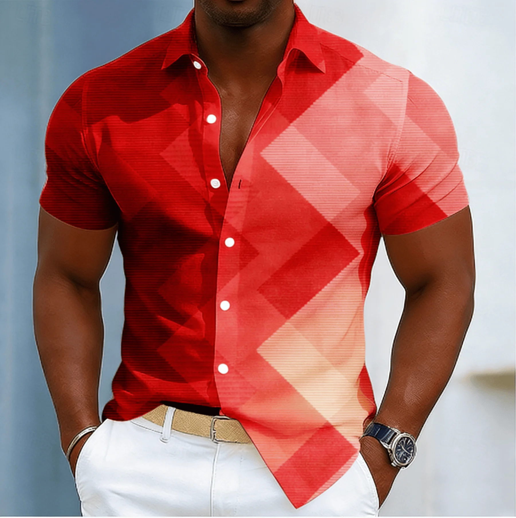 Men's Gradient Diamond Argyle Print Short Sleeve Shirt, Spring Summer Minimalist Casual Business Blouse, Loose Casual Top
