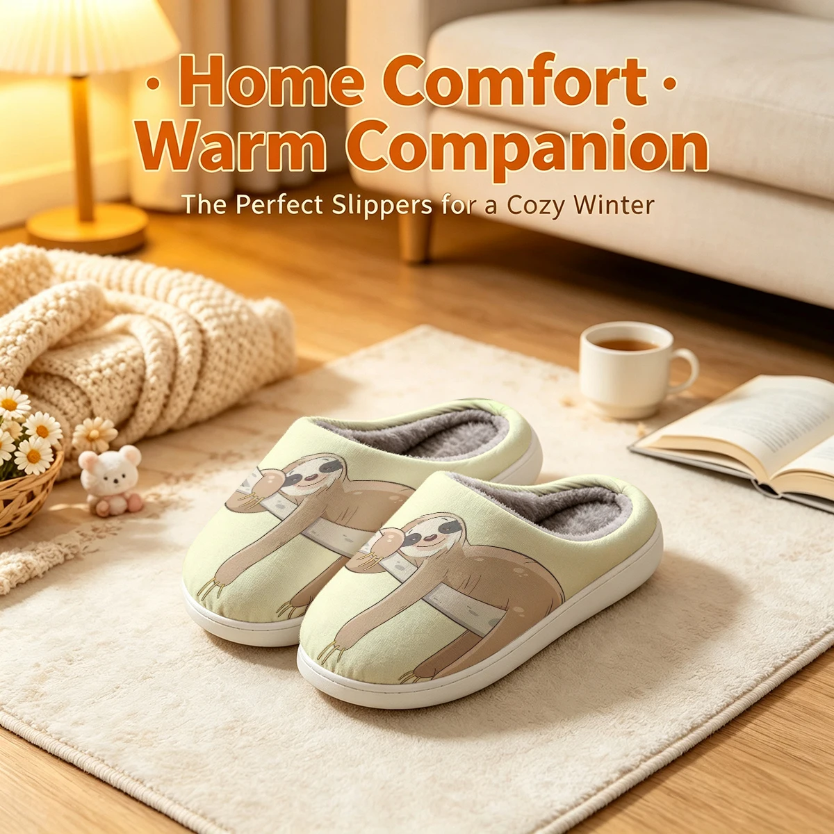 Sleepy Sloth Christmas White Slippers Warm Plush Indoor Shoes Non-Slip Winter Slippers Family Holiday Gifts Soft view 3