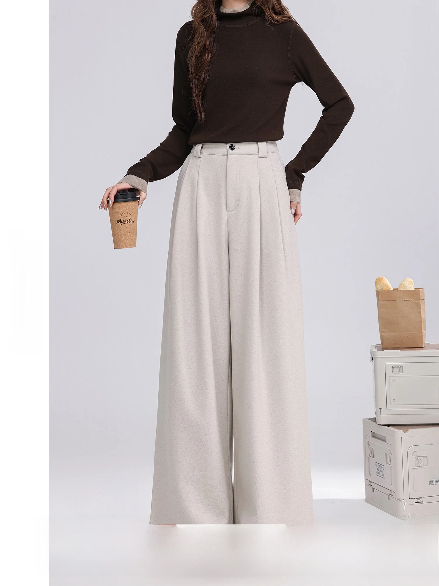 

Женские повседневные брюки YanCai Soft Wind: новинка, широкие штанины, высокая талия, полиэстер, прямой крой, на молнии, весна 2026