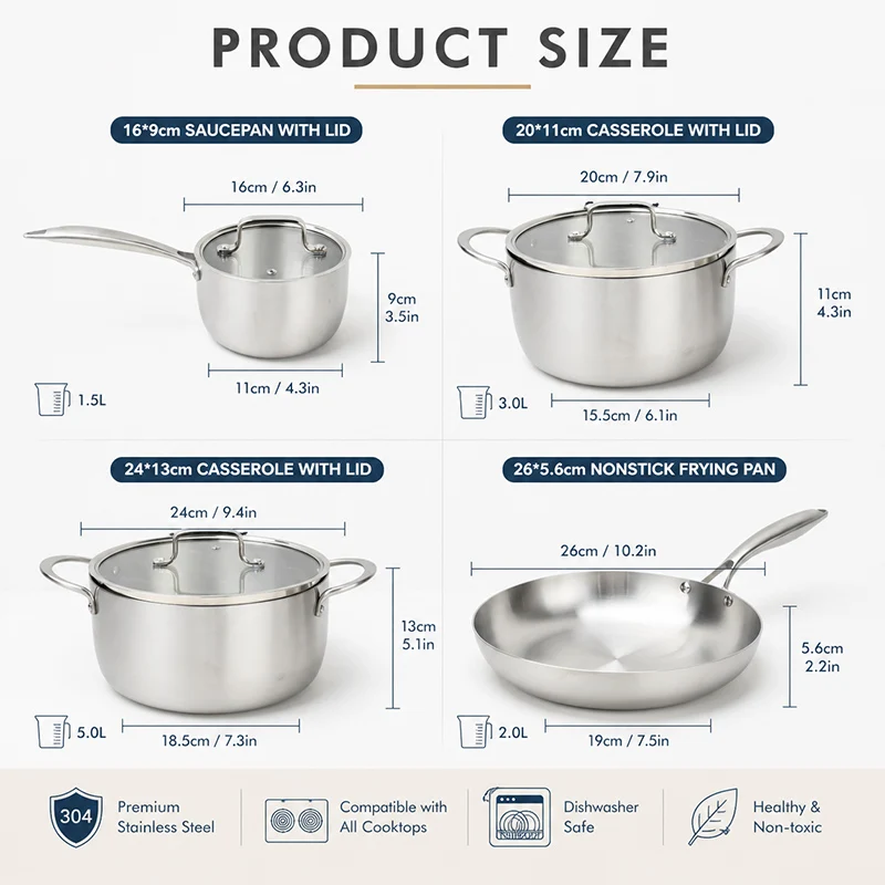 Custom Style 1-7pcs SUS304 Kitchen Cook 3-Ply Bottom Cookware Sets Stainless Steel Cooking Pot Set With Glass Lid