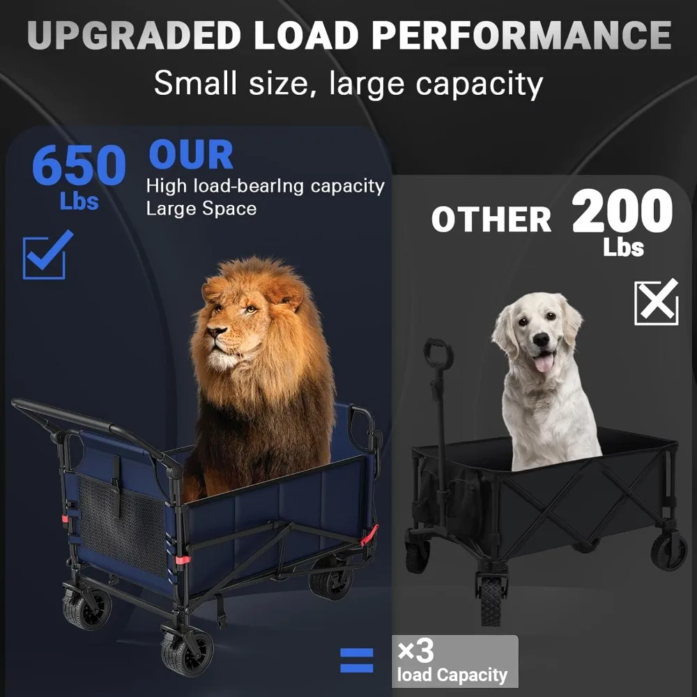 Heavy Duty Collapsible Cart with 650lb Capacity, All-Terrain Wheels, Brakes, and Side Pockets - 2-in-1 Utility Wagon for Outdoor