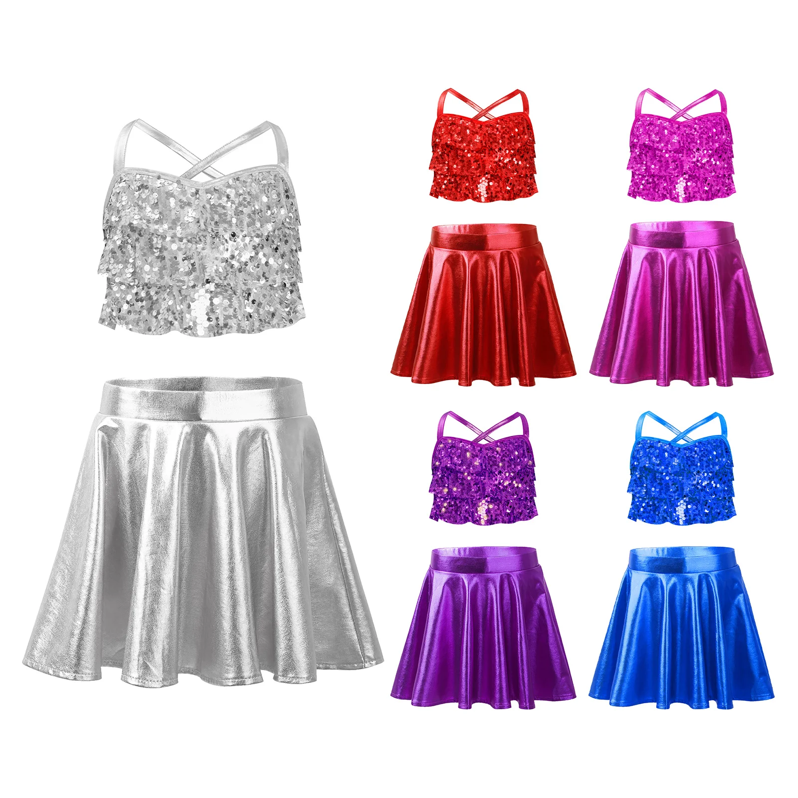 ชุดแสดงเต้นรำสำหรับเด็กผู้หญิง ประดับเลื่อมวิบวับ ดีไซน์ไขว้หลัง กระโปรงระบายหลายชั้น เสื้อครอปท็อป พร้อมกระโปรงเมทัลลิก สำหรับเต้นแจ๊สและละติน