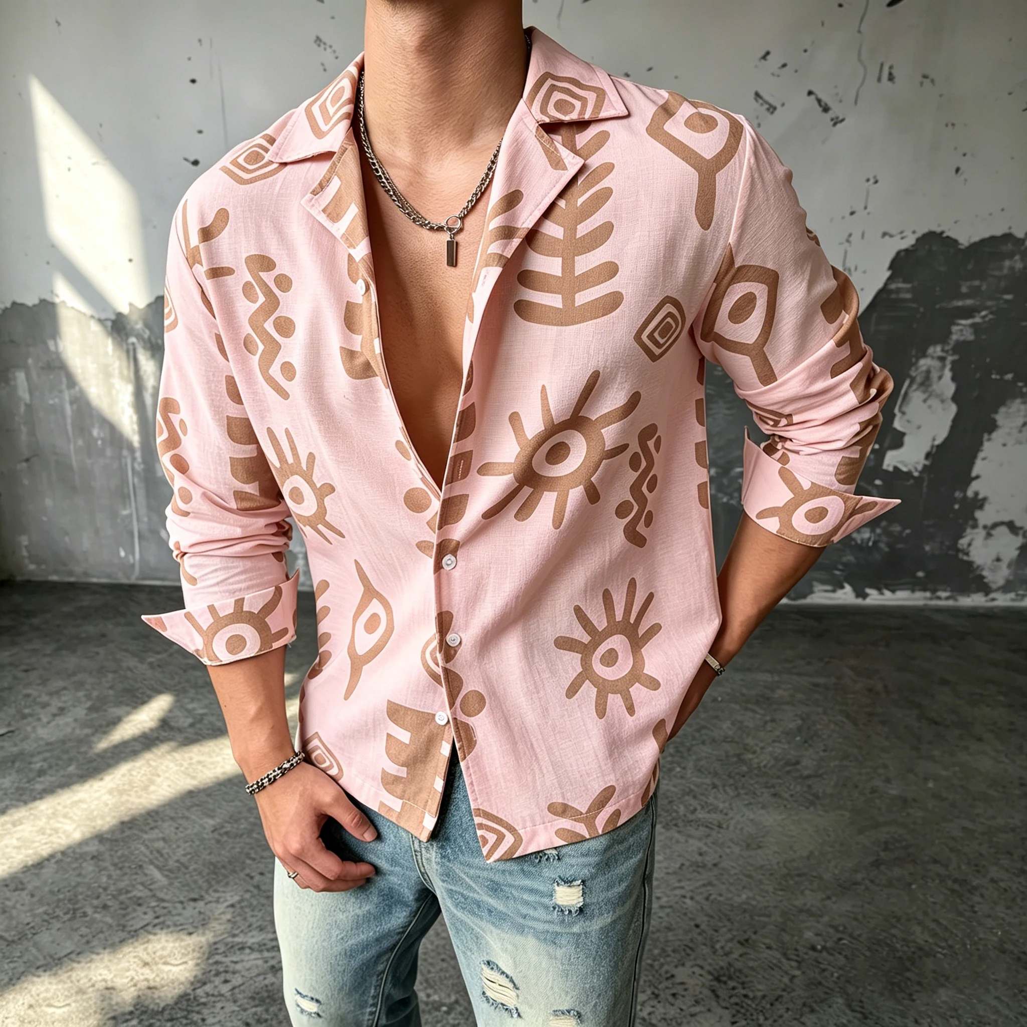 This Men's Long-Sleeved, 100% Cotton Casual Shirt Features a vintage, Bohemian-Style Print. Perfect for Social Gatherings, It Is view 2