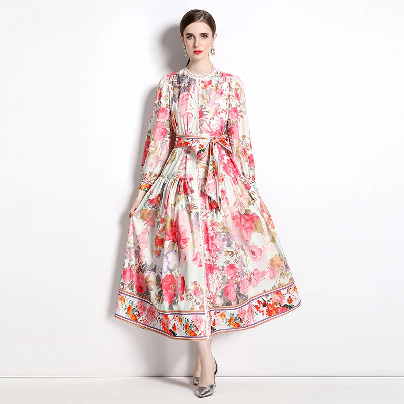 Vestido largo con estampado de flores para mujer, prenda elegante con cuello redondo, manga larga abullonada y cinturón, ideal para fiesta de vacaciones, Primavera, 2023