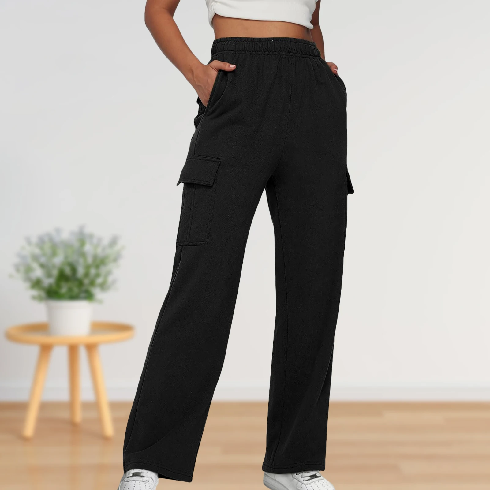 Cargo Sweatpants Solid Color Women Straight Leg Pants Elastic Waist Loose Fit High Waist Pants Sport Style Streetwear Suit