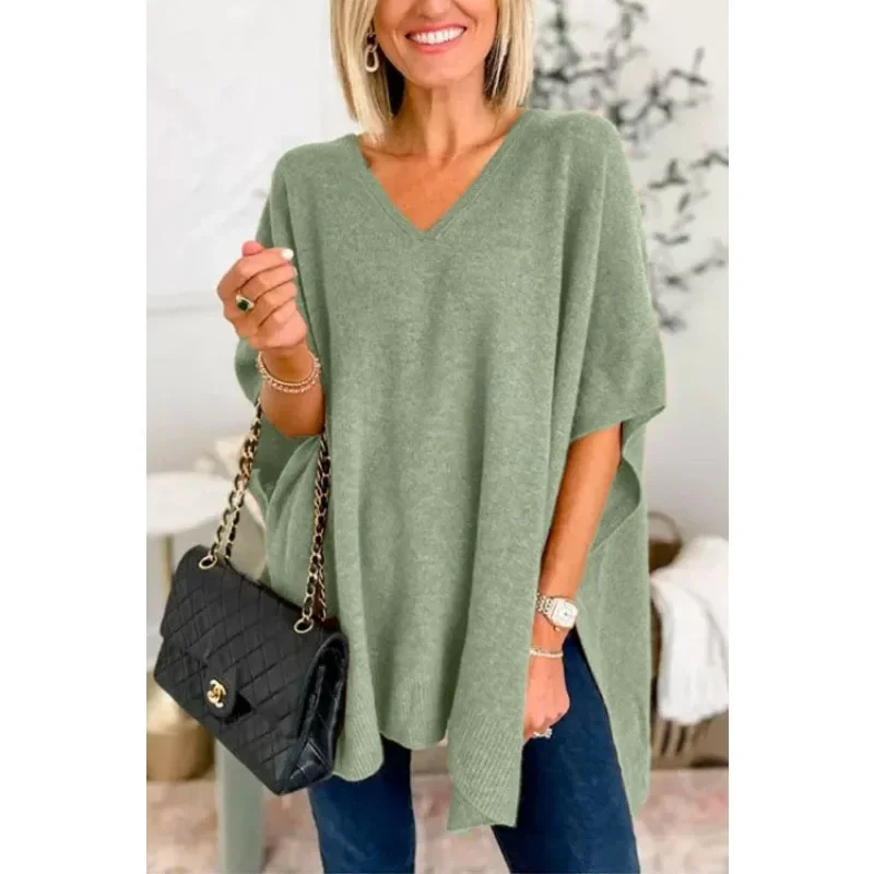 2024 Spring Summer New Women\'s Clothing Batwing Sleeve Solid Color V-neck Pullover Loose Sweater Fashion Sweater Cloak