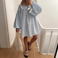 Gaono Women Y2K Gingham Babydoll Dress Puff Long Sleeve Plaid Mini Dress Peter Pan Collar Ruffle Short Dress Streetwear