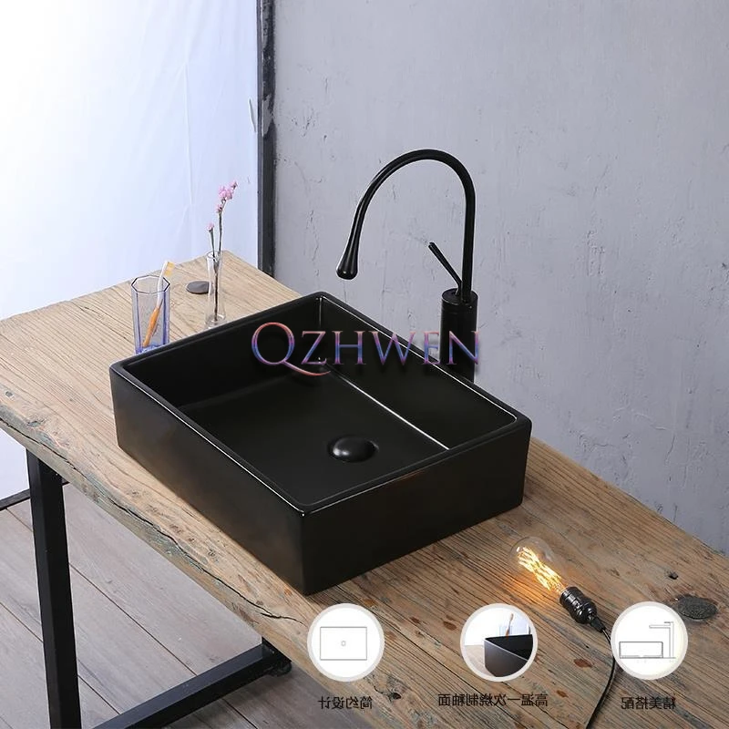 590*490*147mm Nordic Matte All Black Bathroom Washbasin Balcony Simple Rectangular Countertop Sink with Basin Faucet Set