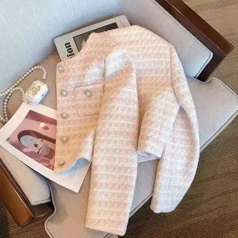 Women's Short Pearl button Small fragrant style Jacket Spring Autumn New Round neck Long sleeved Woven suit Top Single-breasted