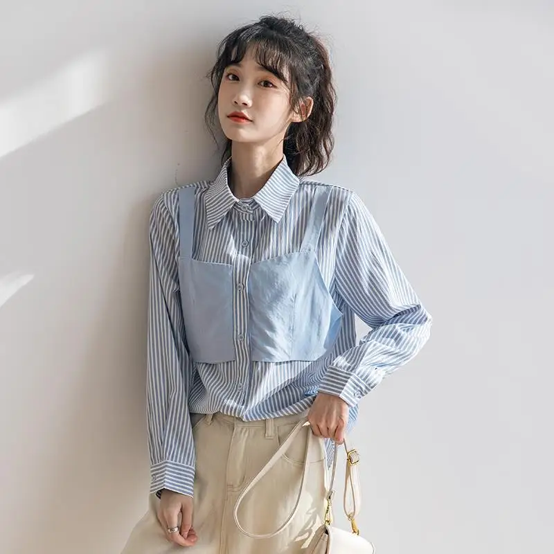 Dwuczęściowy, uroczy, koreański patchworkowy top koszulowy, odzież damska, nowa kolekcja wiosna-jesień, bluzka w paski z długim rękawem, modna, casualowa, trendy.
