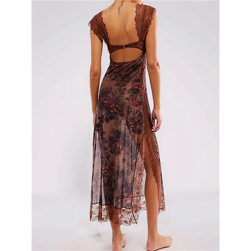 CYL-レディース レース パッチワーク メッシュ マキシドレス 花柄プリント カットアウト スイートハートネック バックレス スリット入り サマー Y2K ロングドレス